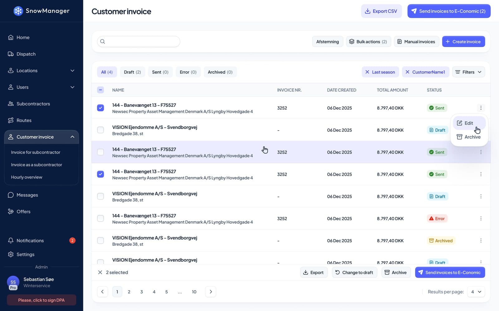 SnowManager customer invoice list with draft and sent invoices