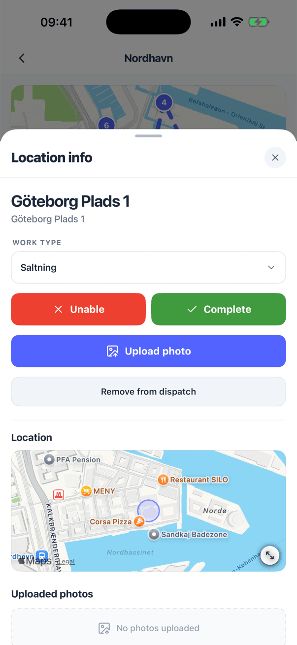 A stop in the SnowManager app with Unable, Complete and Upload photo