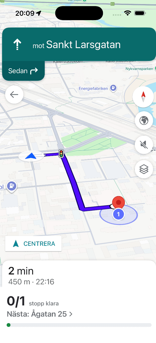 Turn-by-turn navigation to the next stop in the SnowManager app