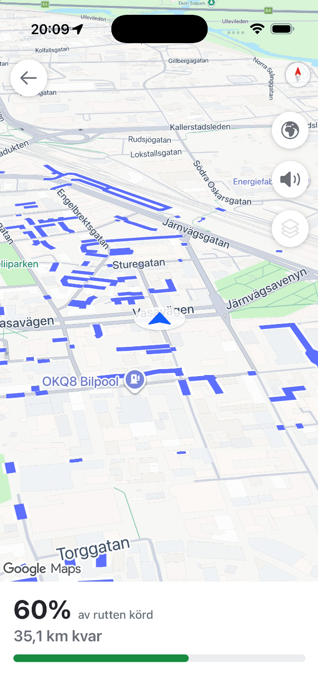 Driving a road route in the SnowManager app, with the share of the route driven