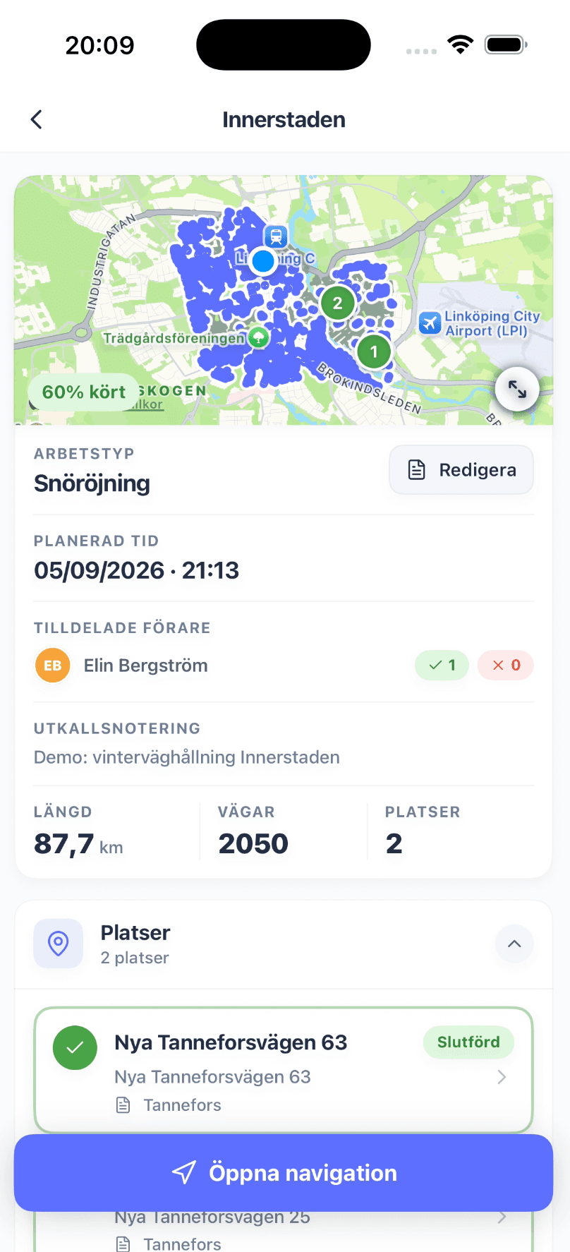 A road route opened in the SnowManager app, with the painted road network, length and number of roads