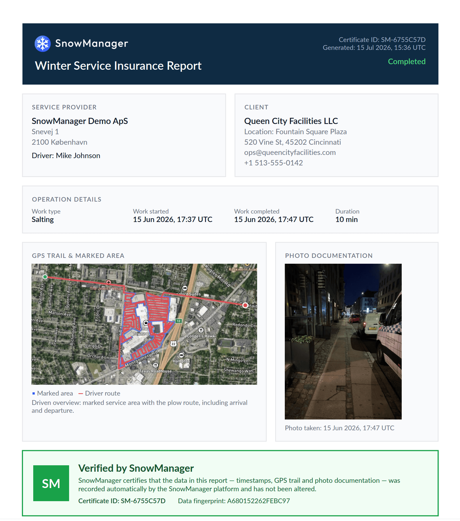 A real SnowManager insurance report PDF with GPS trail, marked area and photo
