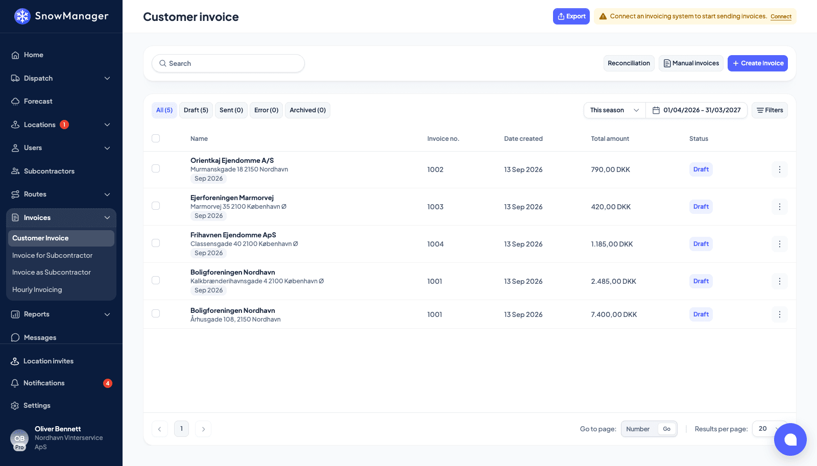 The customer invoice list in SnowManager with draft invoices