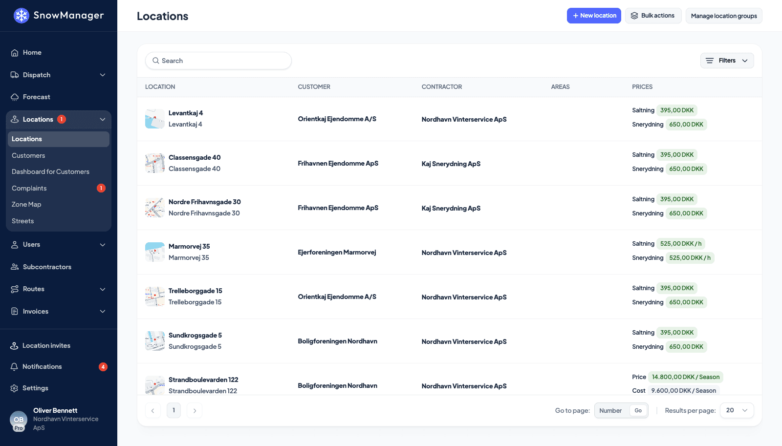 The address list in SnowManager with prices per work type and season