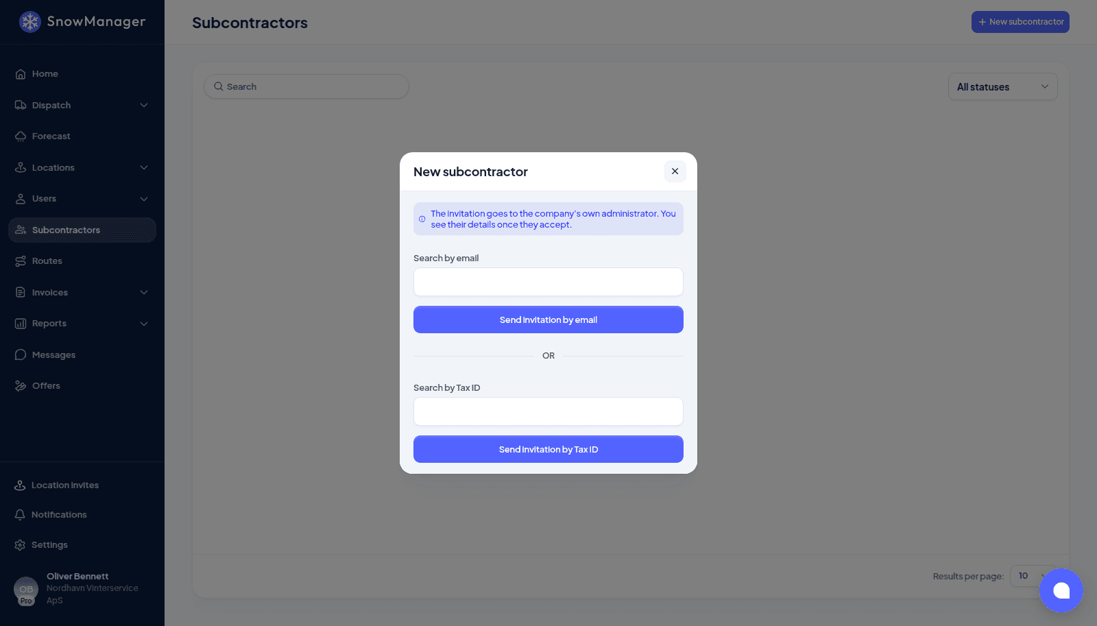 Adding a new subcontractor in SnowManager by email or tax ID