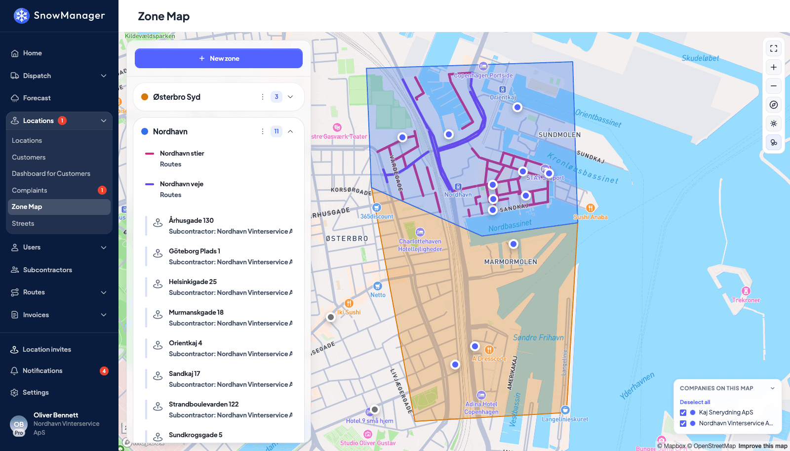 The SnowManager zone map with a zone opened, its routes and addresses