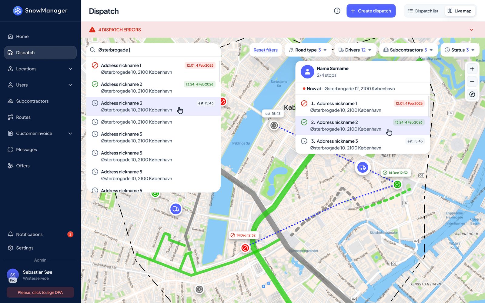 SnowManager live dispatch map with route progress and stop statuses