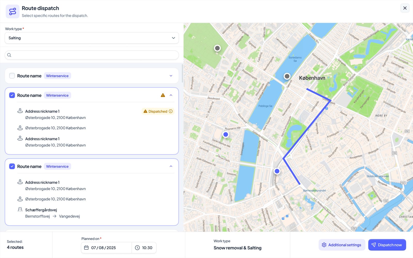 SnowManager route dispatch with work type, routes and planned time